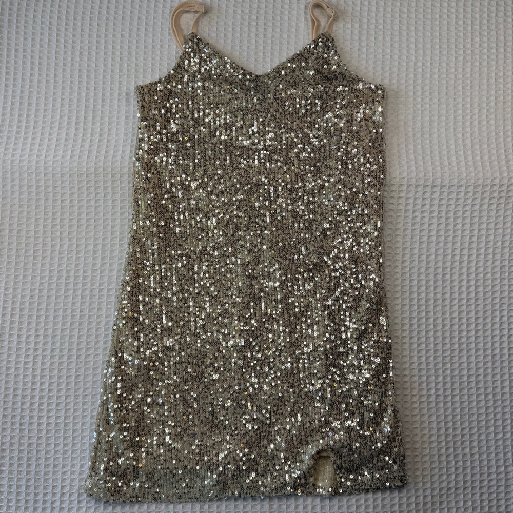 Art Class Kids Gold Sequin Mini Dress Adjustable Straps Size M 8 Shift Slit